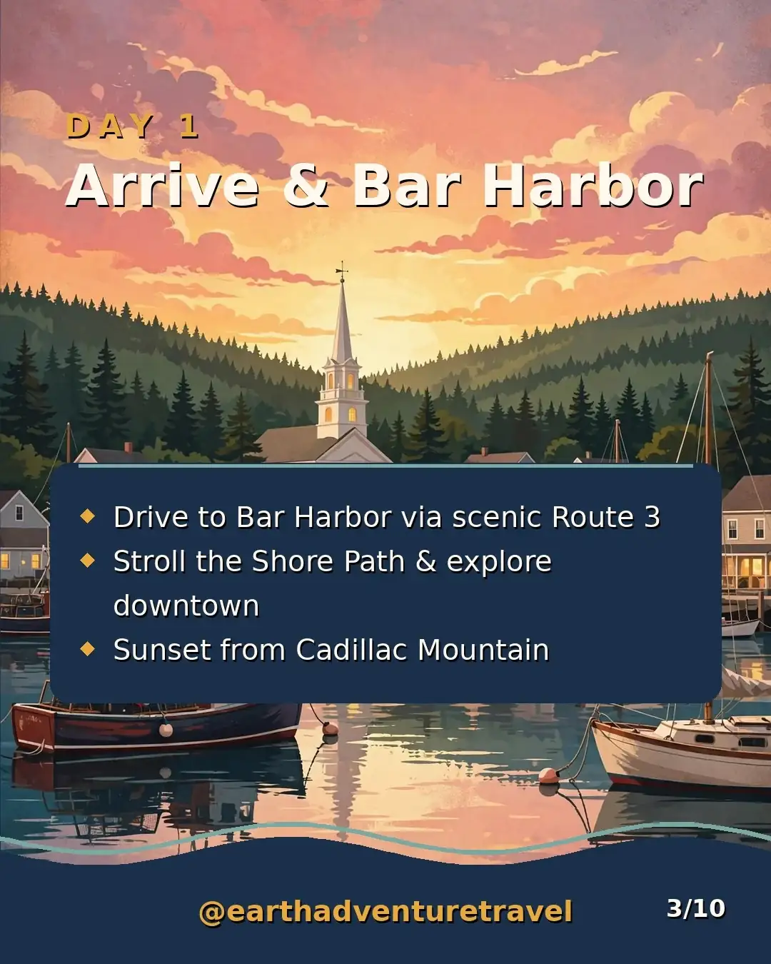 Day 1 graphic: arrive in Bar Harbor