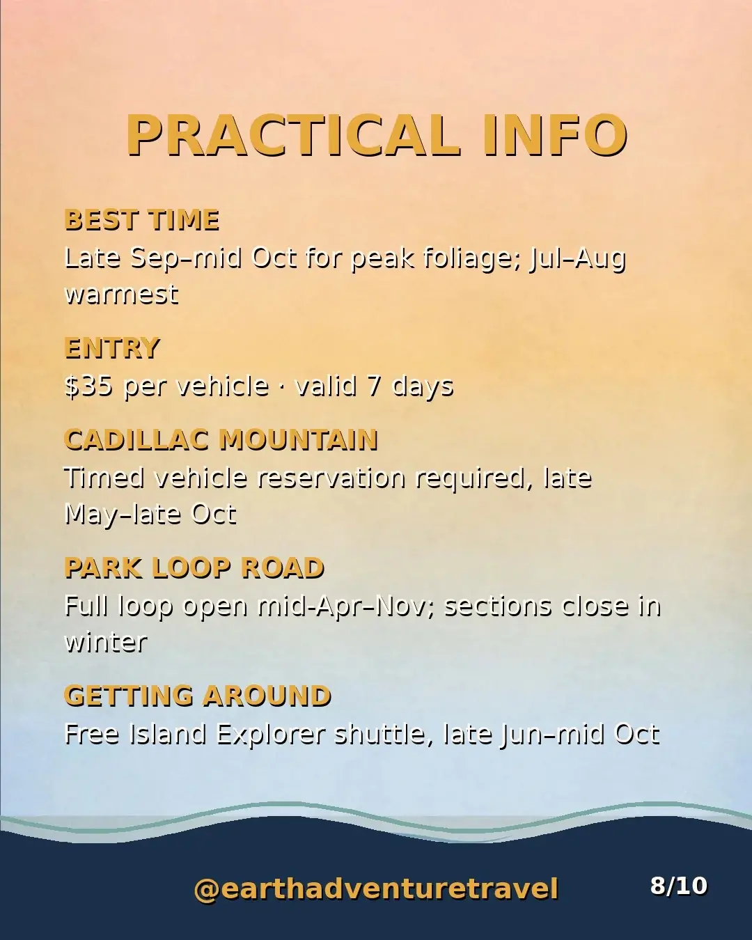 Practical information graphic for the Acadia family trip