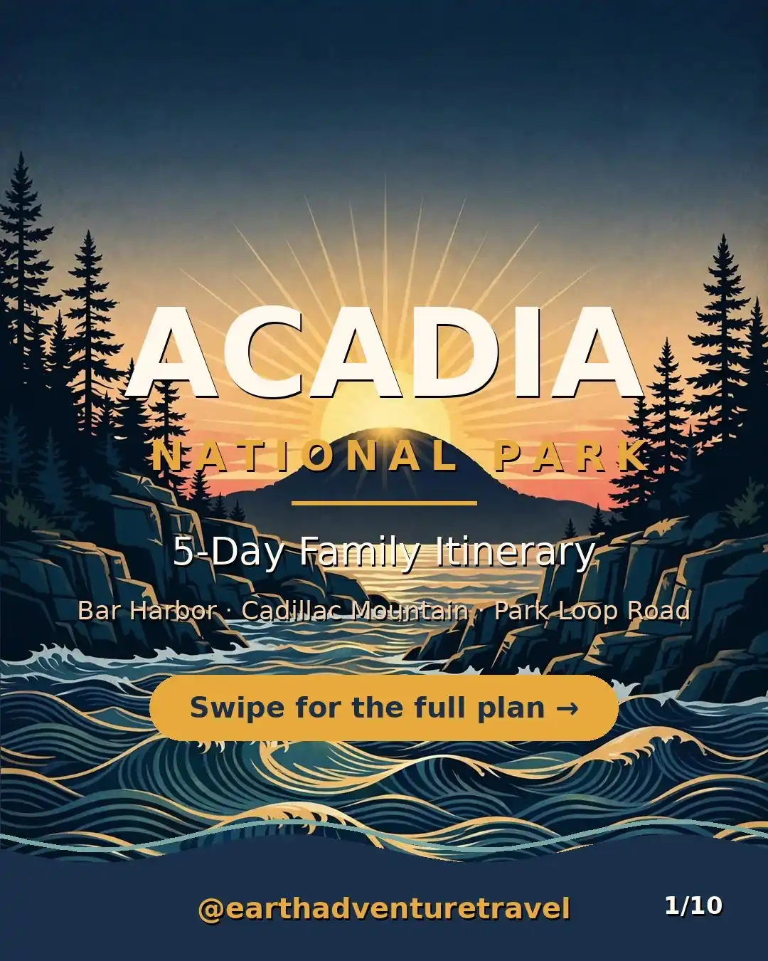 Illustrated Acadia coastal sunrise with Cadillac Mountain and waves