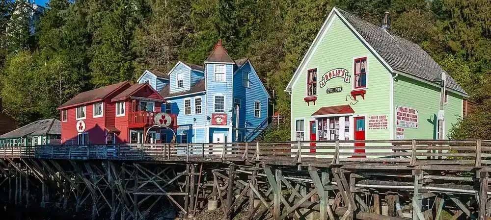 Colorful historic buildings on pilings along Creek Street, Ketchikan