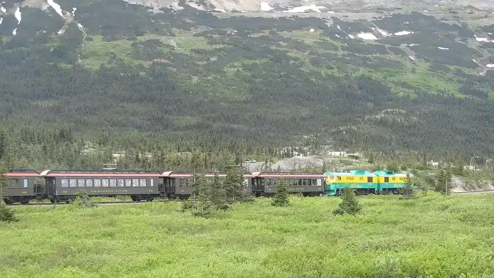 The White Pass and Yukon Route train climbing through the mountains