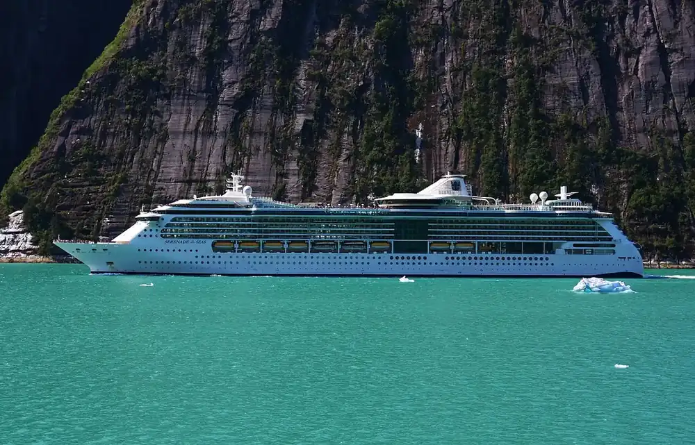 A cruise ship sailing Tracy Arm fjord past drifting icebergs