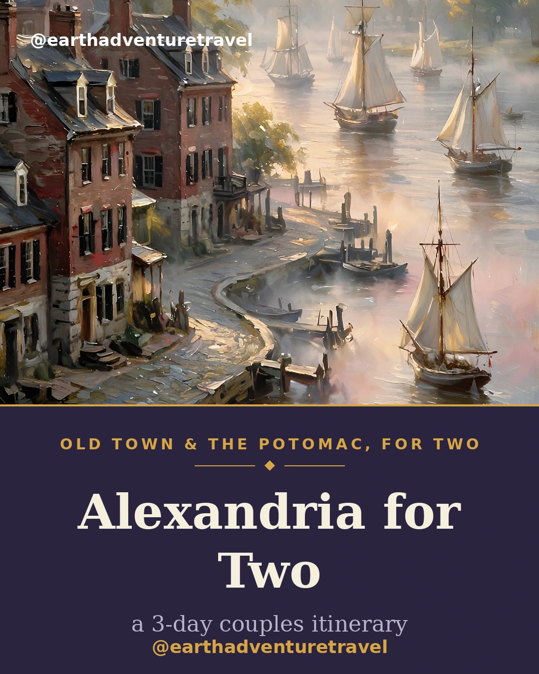 Illustrated Alexandria couples guide cover: brick rowhouses and a tall ship on the Potomac at sunset