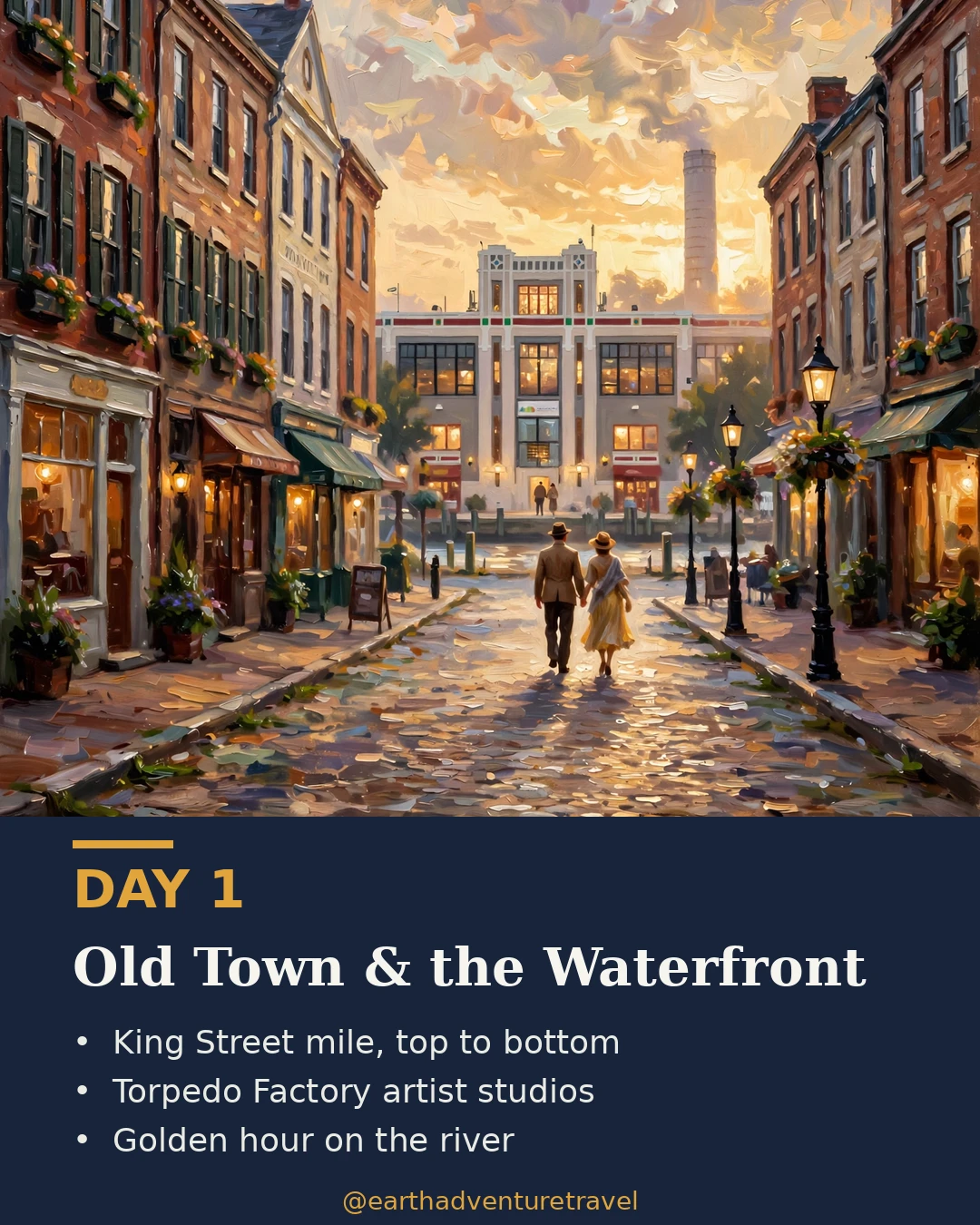 Day 1 graphic: Old Town Alexandria's brick rowhouses and tall ship at sunset