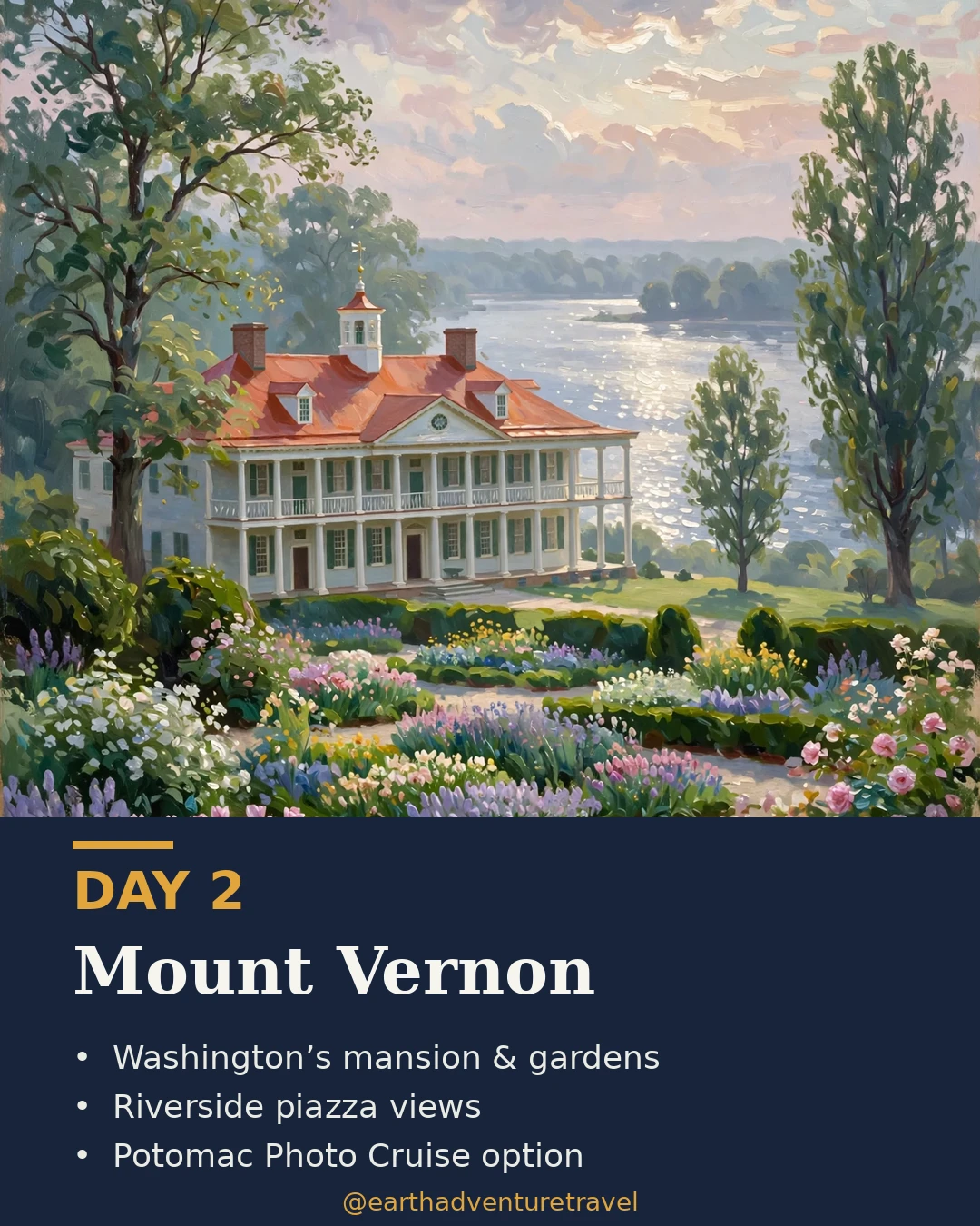 Day 2 graphic: the mansion at George Washington's Mount Vernon above the Potomac