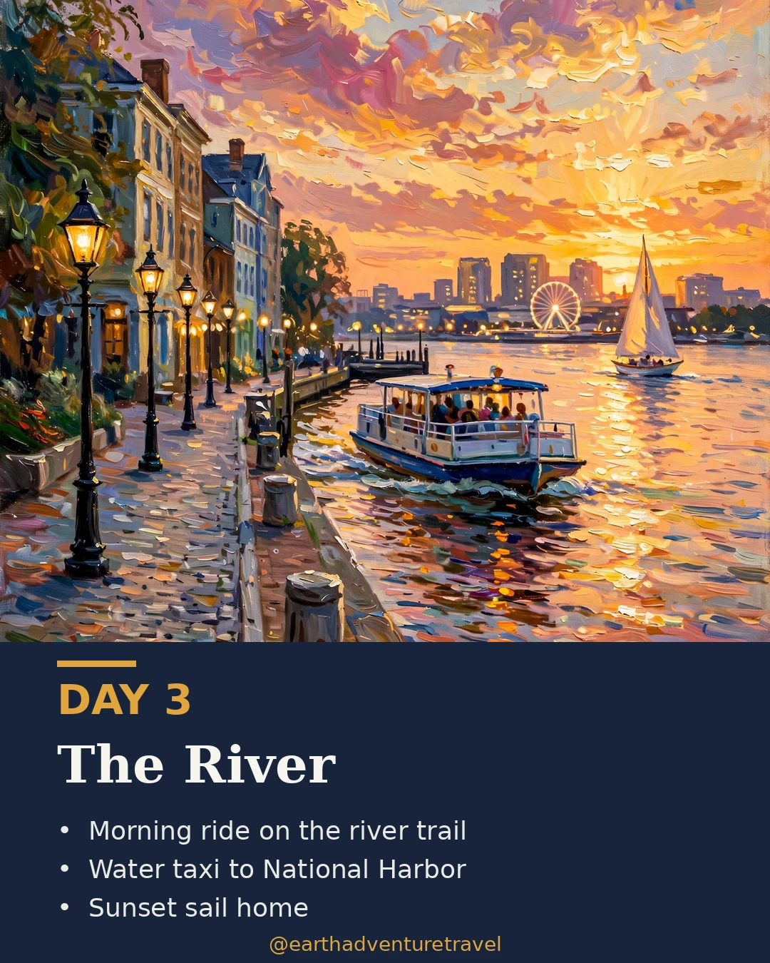 Day 3 graphic: the Potomac water taxi with the DC skyline across the river