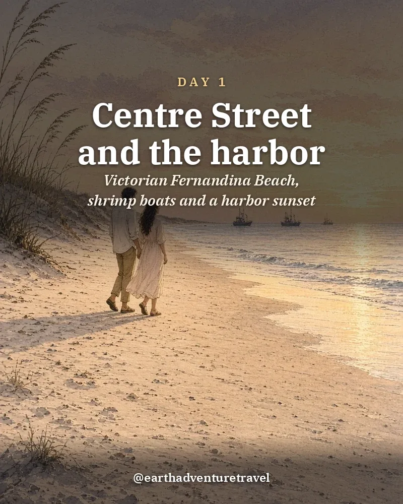 Illustrated day card: Victorian Fernandina Beach, shrimp boats and a harbor sunset