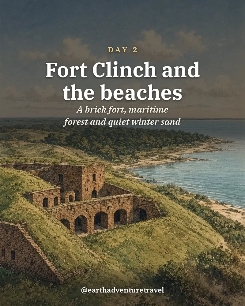 Illustrated day card: A brick fort, maritime forest and quiet winter sand