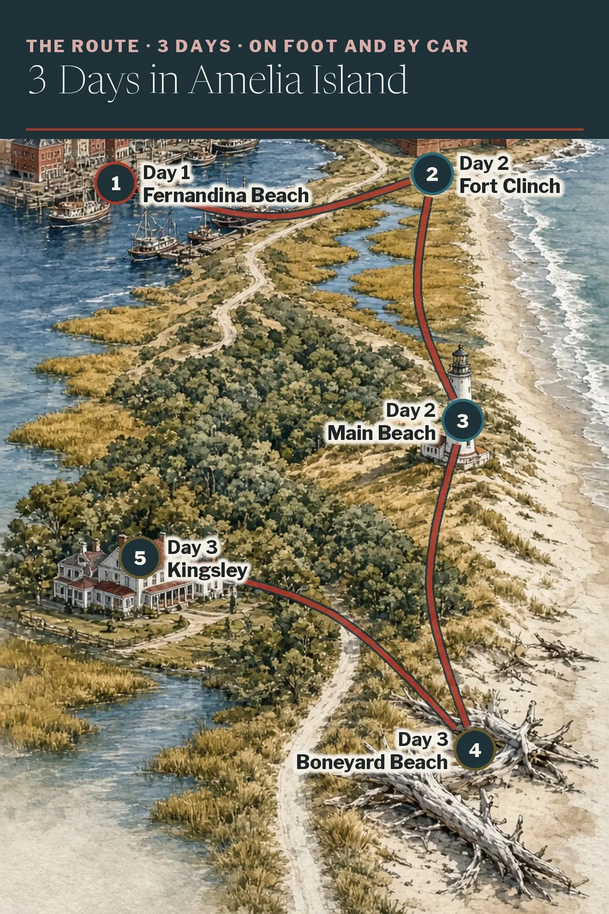 Illustrated route map: Fernandina Beach, Fort Clinch, Main Beach, Boneyard Beach, Kingsley Plantation