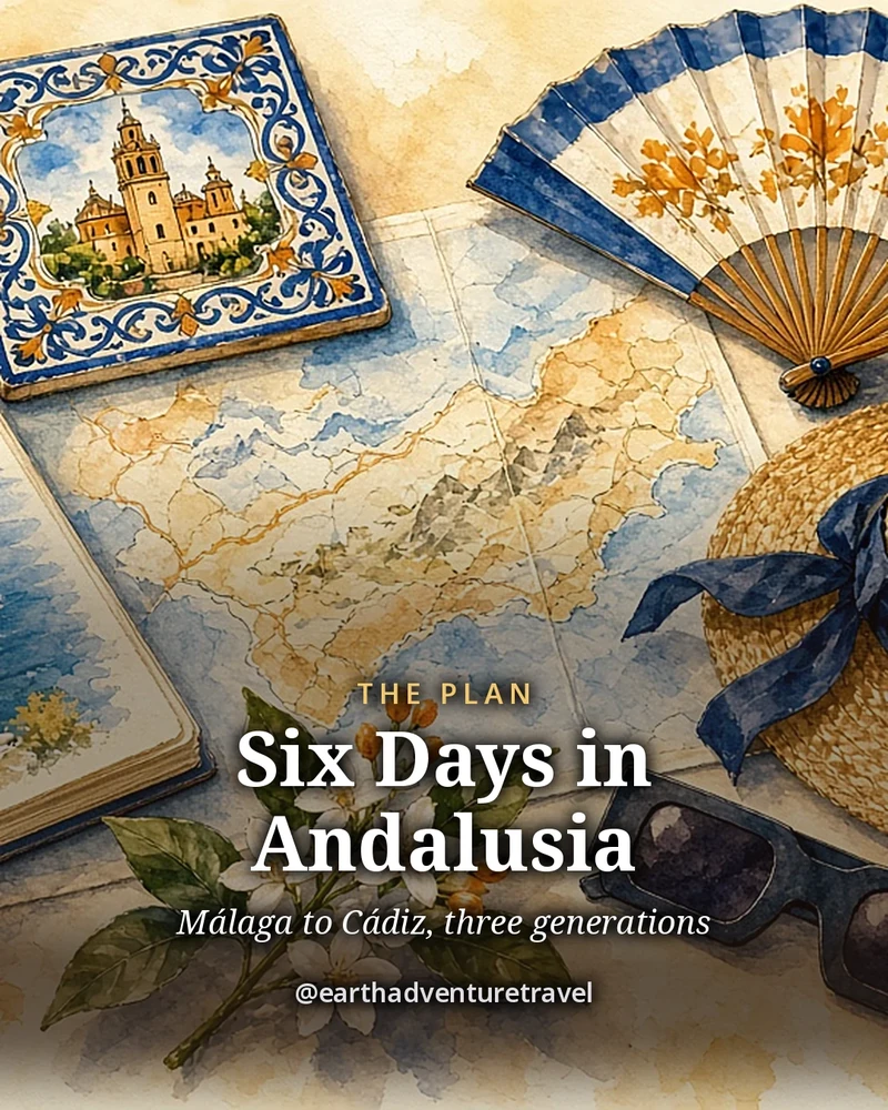 Illustration: the six-day Andalusia plan card, a map, a tile, a fan, a straw hat and a pair of eclipse glasses on a table