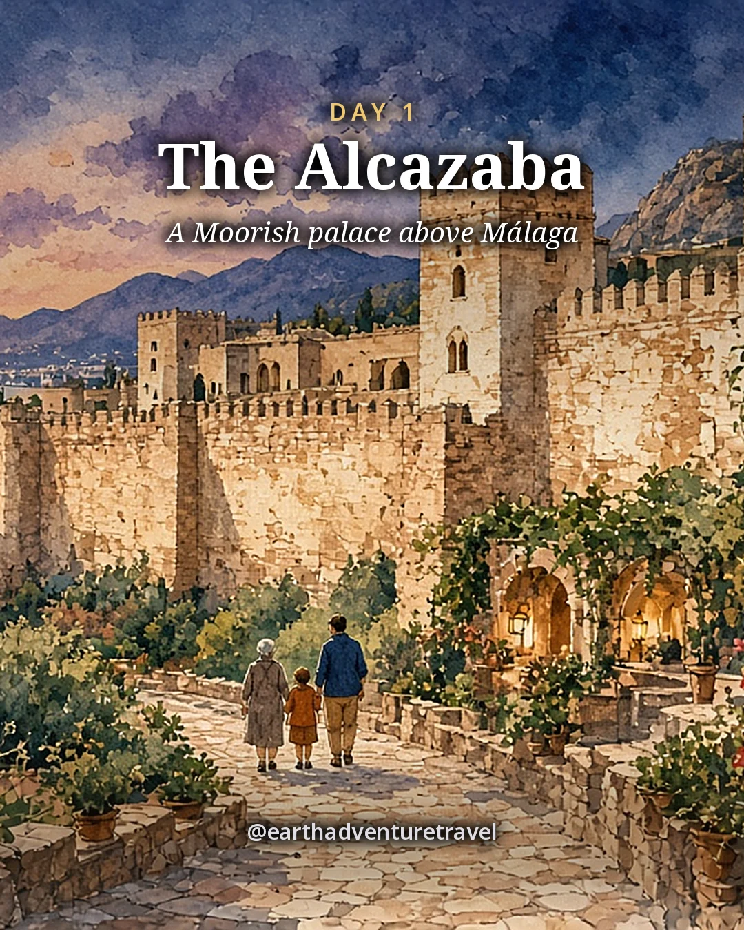 Illustration: fortress walls, towers and a garden path with flowers at the Alcazaba of Málaga at sunset, illustrated day card for Day 1