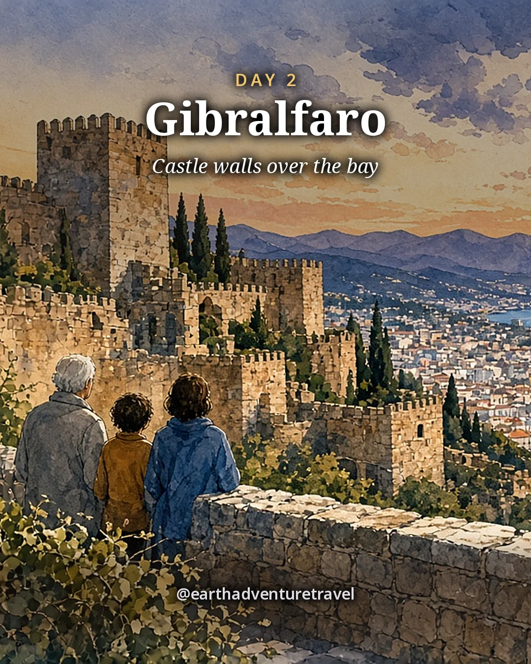 Illustration: a family seen from behind on castle walls looking over the port and bay of Málaga, illustrated day card for Day 2