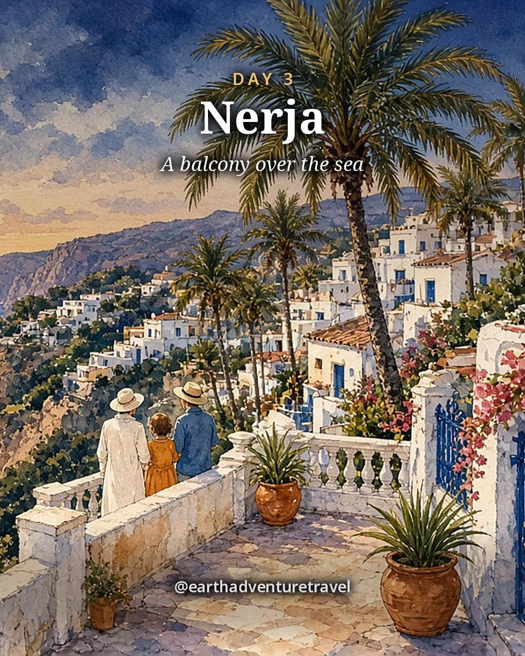 Illustration: a white balustrade, palms and flowers on a cliff-top viewpoint over the sea at Nerja, illustrated day card for Day 3