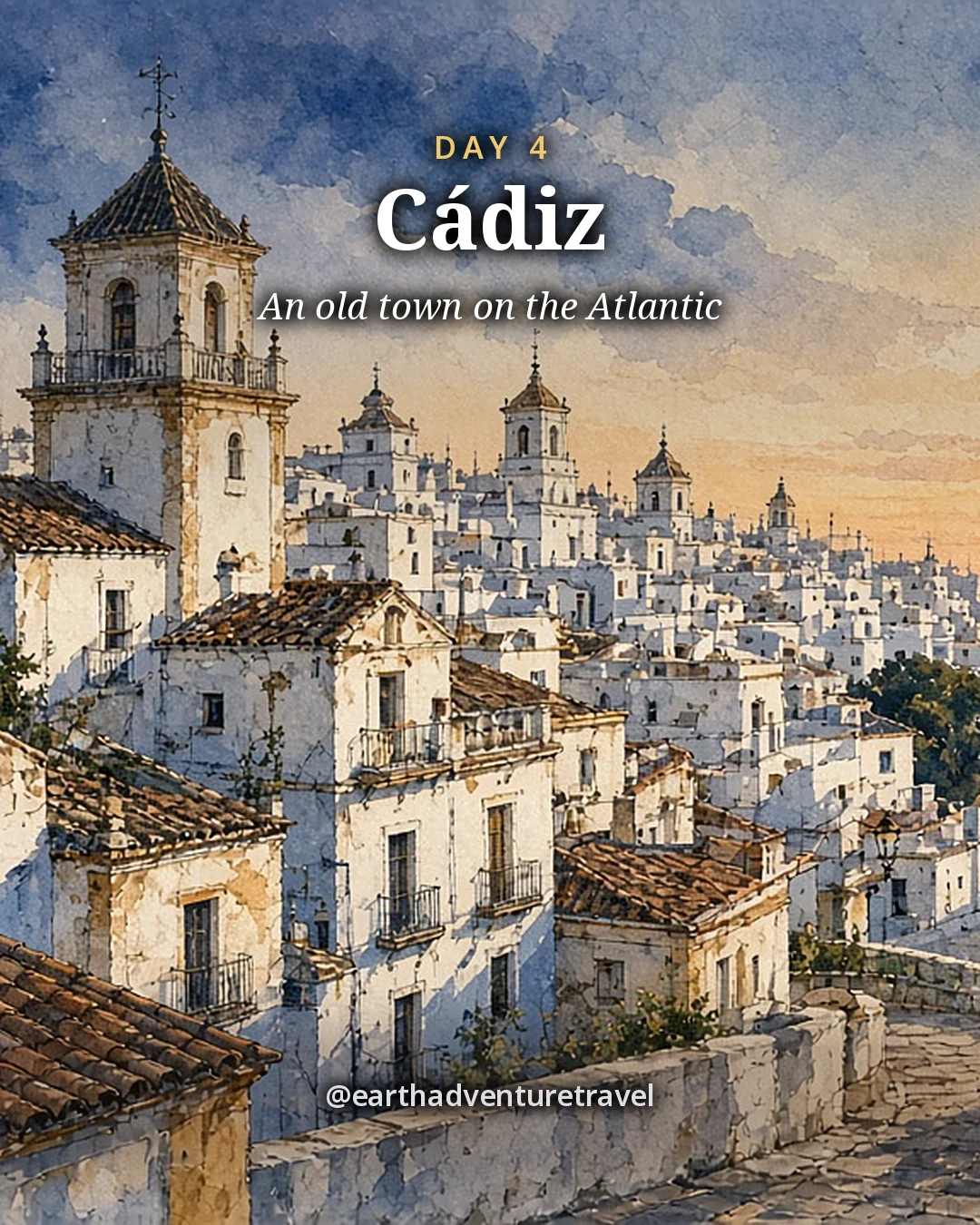Illustration: white houses, towers and roof terraces of Cádiz old town above the sea, illustrated day card for Day 4