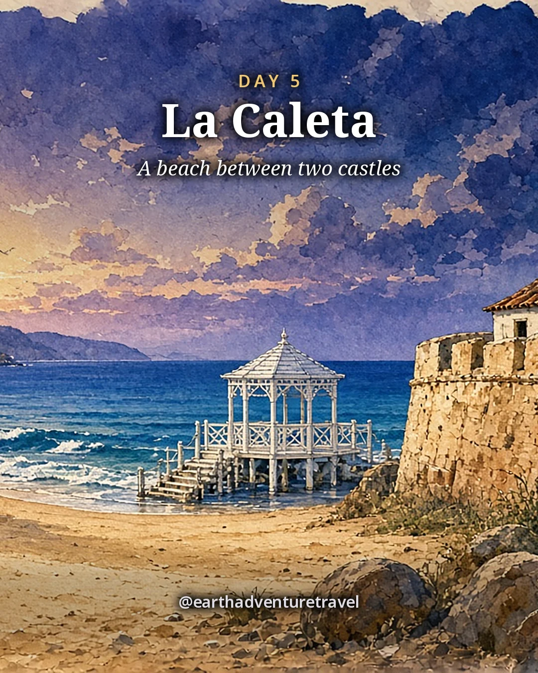 Illustration: a white bathing pavilion on the sand between old stone castle walls by the sea, illustrated day card for Day 5