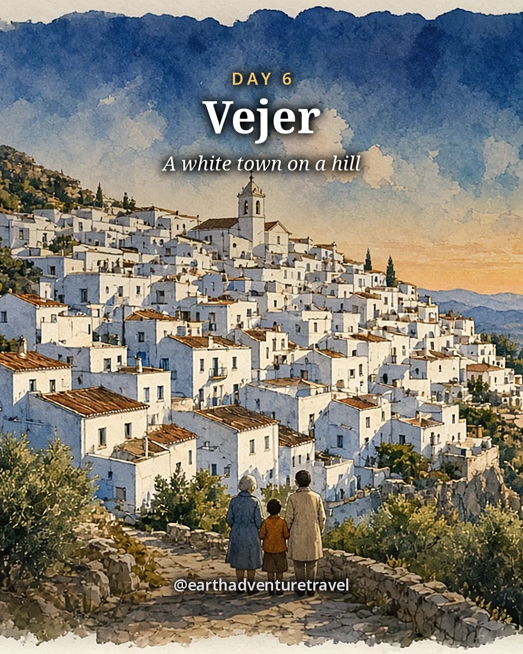 Illustration: a white hill town above green slopes, with a family seen from behind on the path below, illustrated day card for Day 6