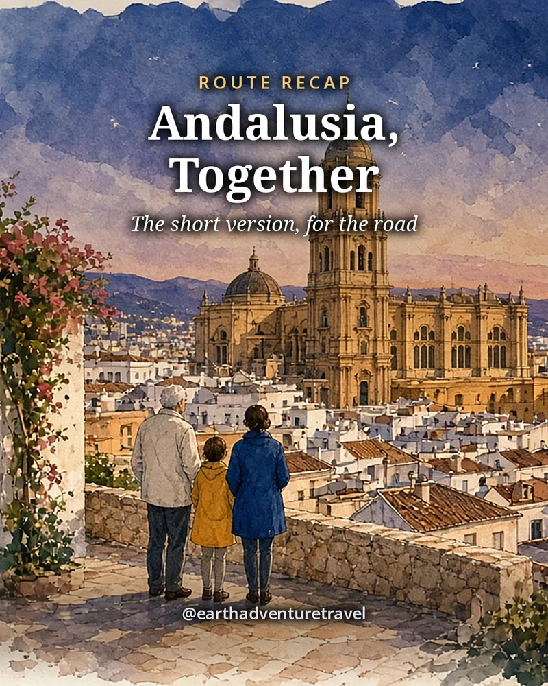 Illustration: recap card of a family seen from behind above white rooftops and a cathedral by the sea