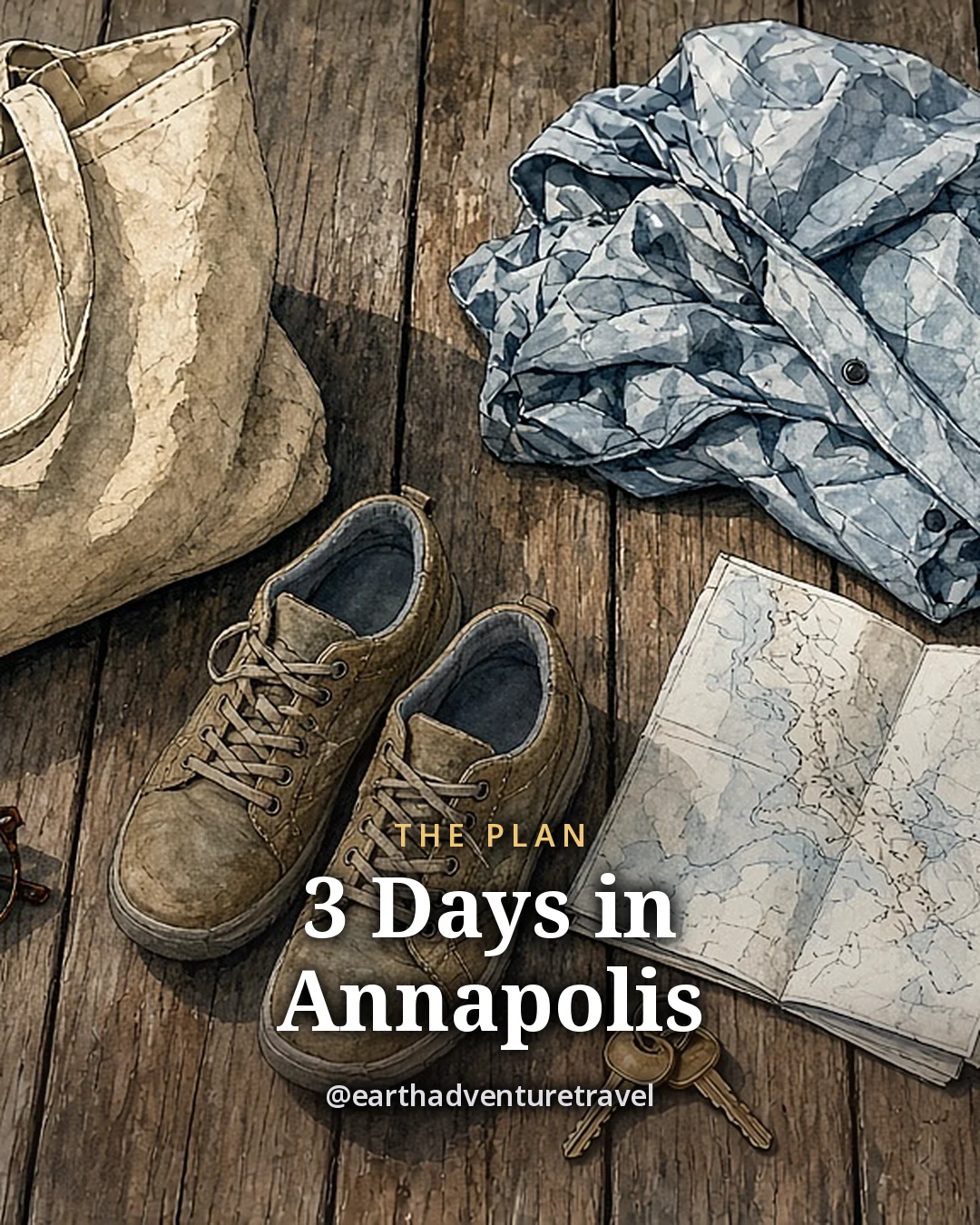 Illustration: a canvas tote, a rain shell, walking shoes, a folded blank chart, sunglasses, car keys, a water bottle and a coil of rope on weathered deck boards, original illustrated plan card for 3 days in Annapolis