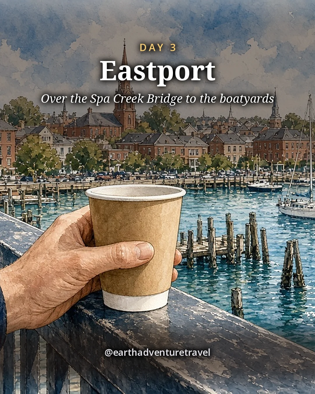 Illustration: a hand holding a paper coffee cup on the Spa Creek Bridge railing, moored sailboats and pilings below, and the downtown steeples and State House dome across the water, illustrated day card for Day 3