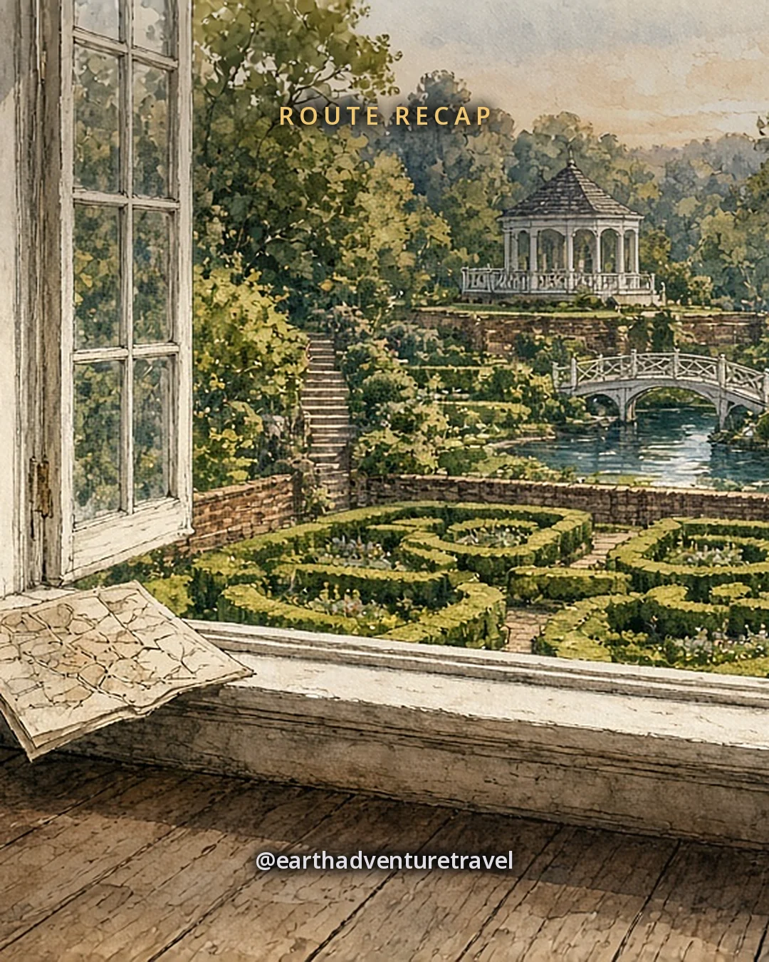 Illustration: a view from inside a Georgian house through a tall open sash window onto a terraced formal garden with a pond, a small bridge and a summerhouse, with a Windsor chair inside, original illustrated recap card