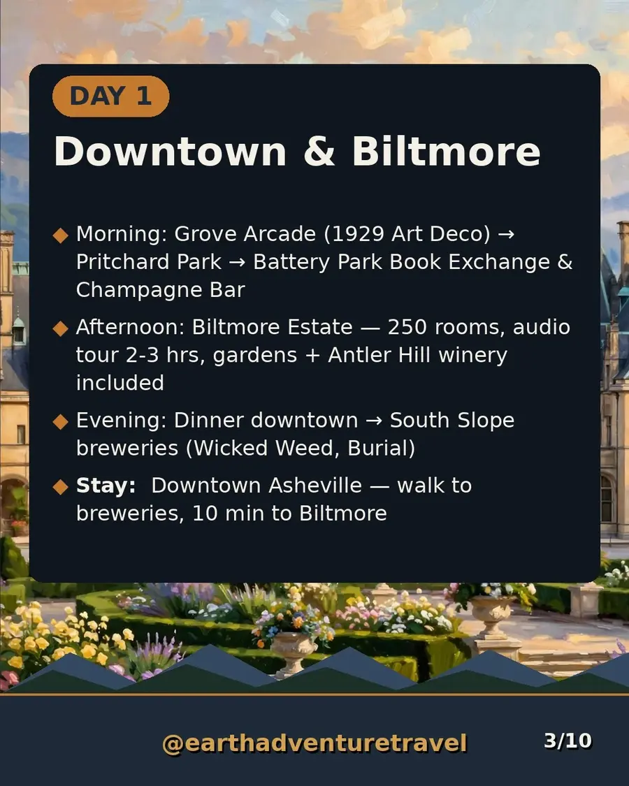 Day 1 graphic: Downtown Asheville and Biltmore Estate