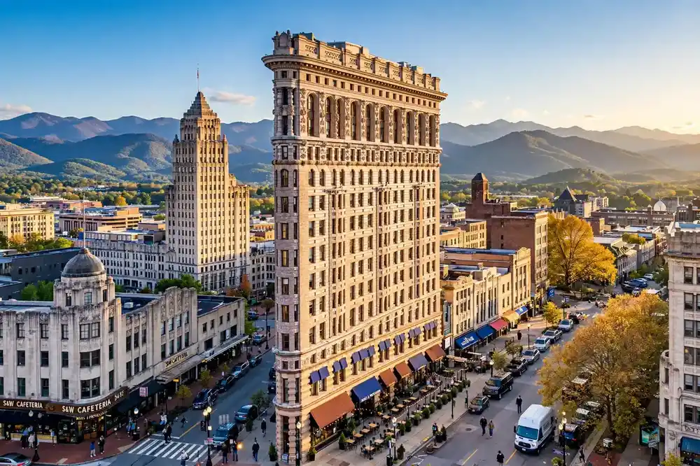 Downtown Asheville skyline with Blue Ridge Mountains at sunset