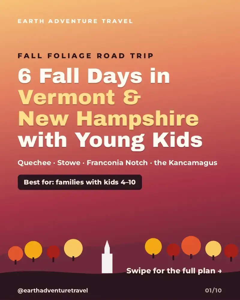 Illustrated New England road winding through red and gold fall foliage