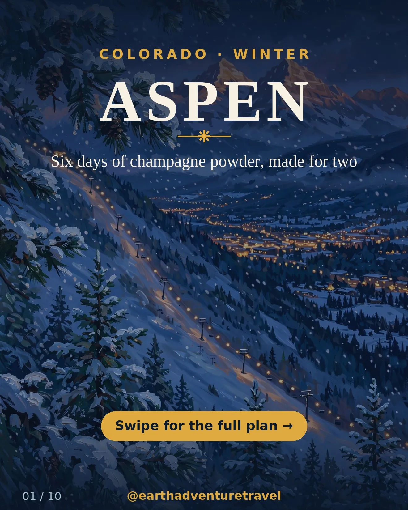 Illustrated Aspen winter guide cover: blue-hour ski slopes, the Maroon Bells, and Aspen town lights