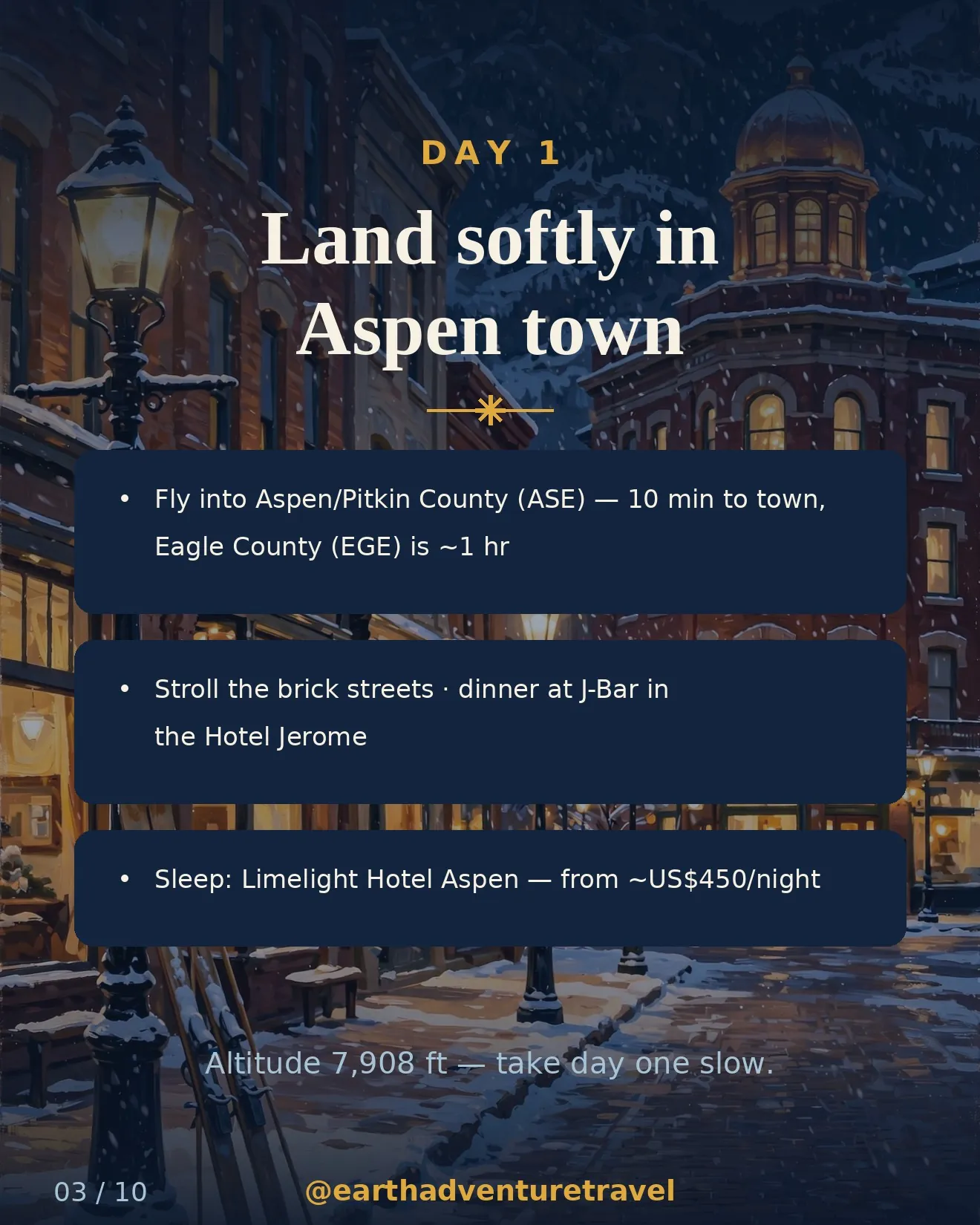 Day 1 graphic: arriving in Aspen