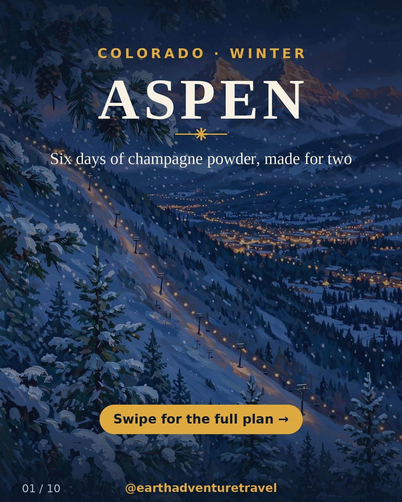 Illustrated Aspen winter guide cover: blue-hour slopes, Maroon Bells, and town lights