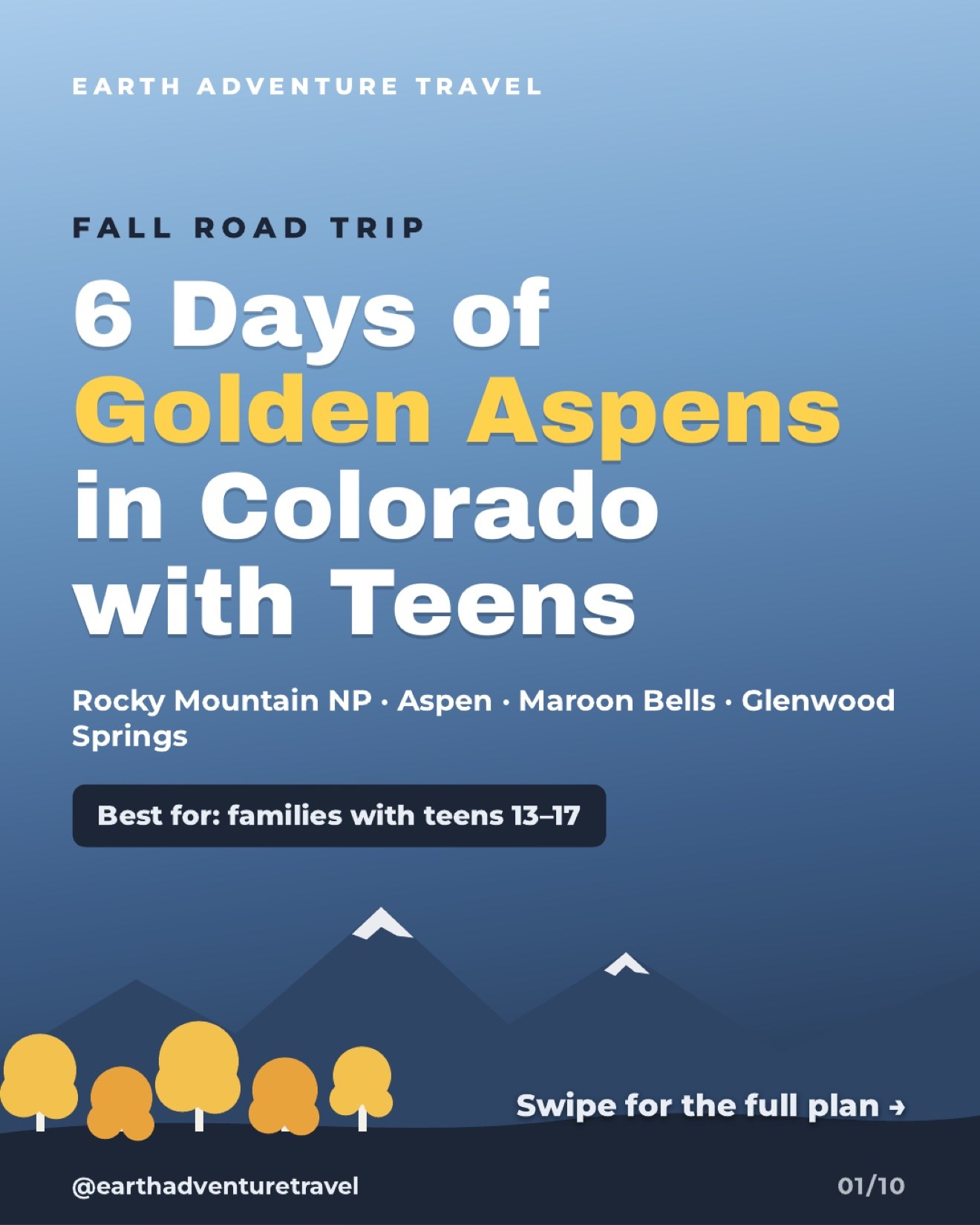 Illustrated cover for a six-day Colorado golden aspens family road trip