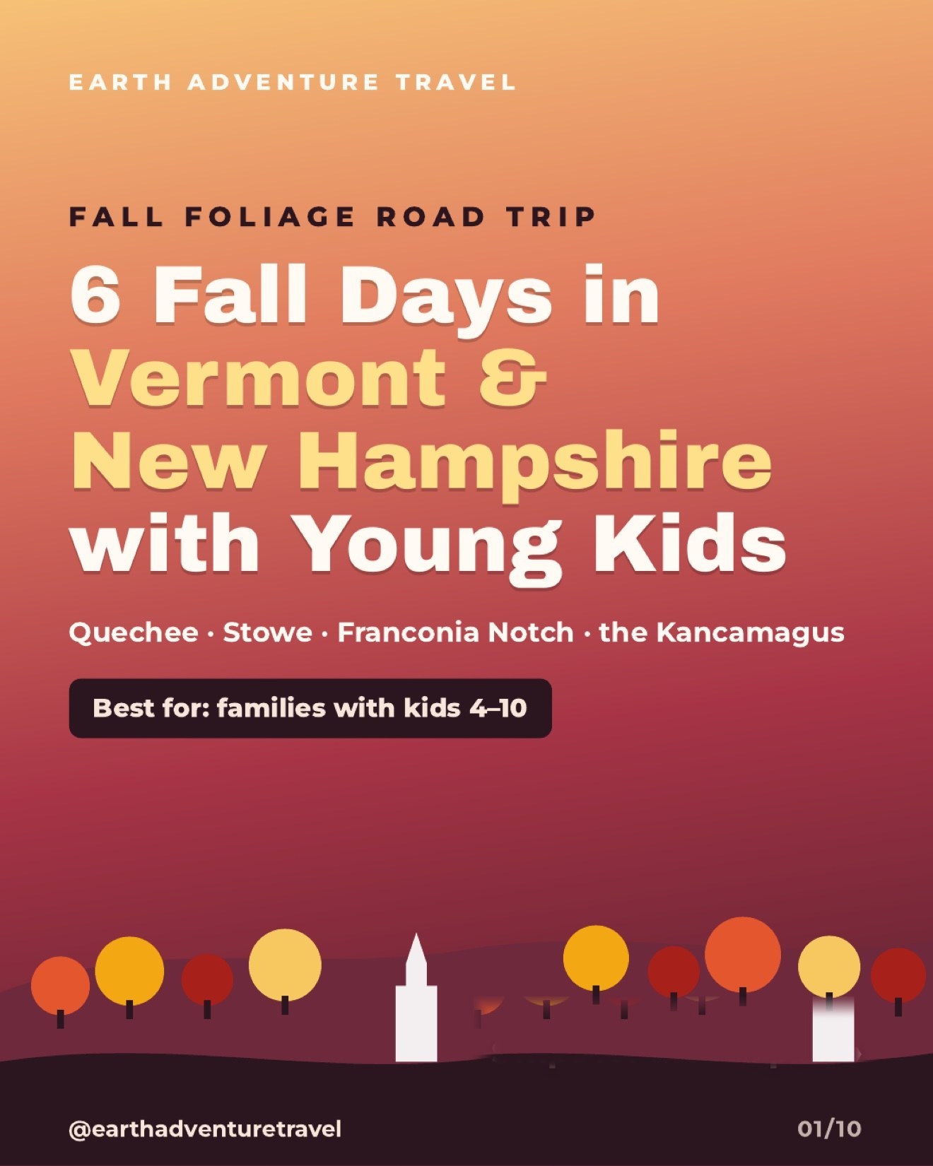Illustrated cover for a six-day Vermont and New Hampshire fall foliage trip