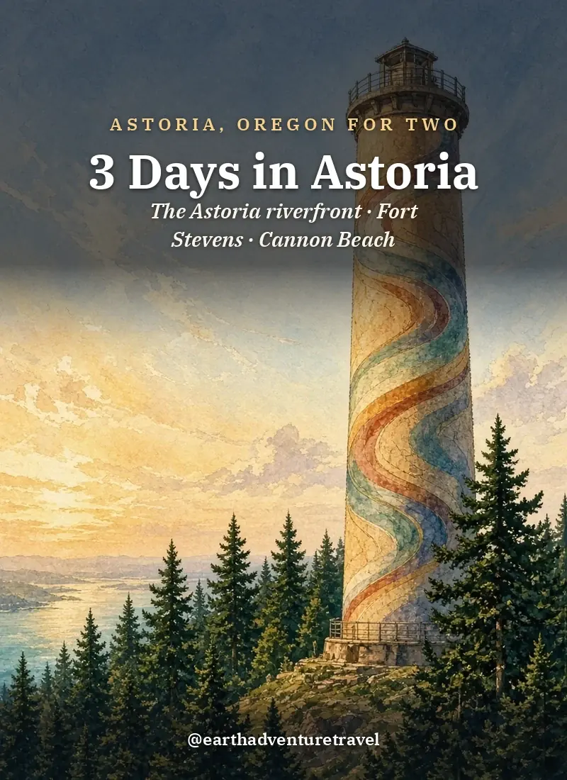 Original Illustration: a couple looking out over the river and the hillside houses of Astoria