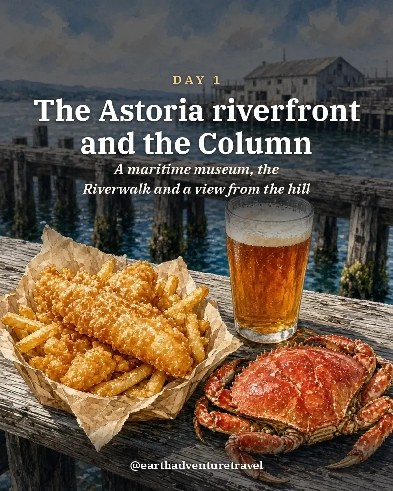 Illustrated day card: A maritime museum, the Riverwalk and a view from the hill