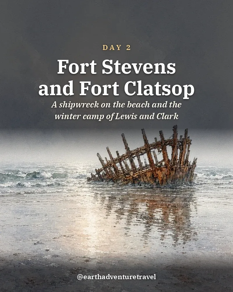 Illustrated day card: A shipwreck on the beach and the winter camp of Lewis and Clark