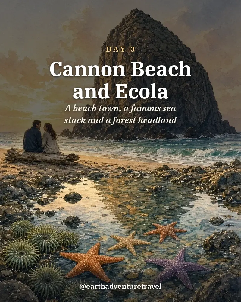Illustrated day card: A beach town, a famous sea stack and a forest headland