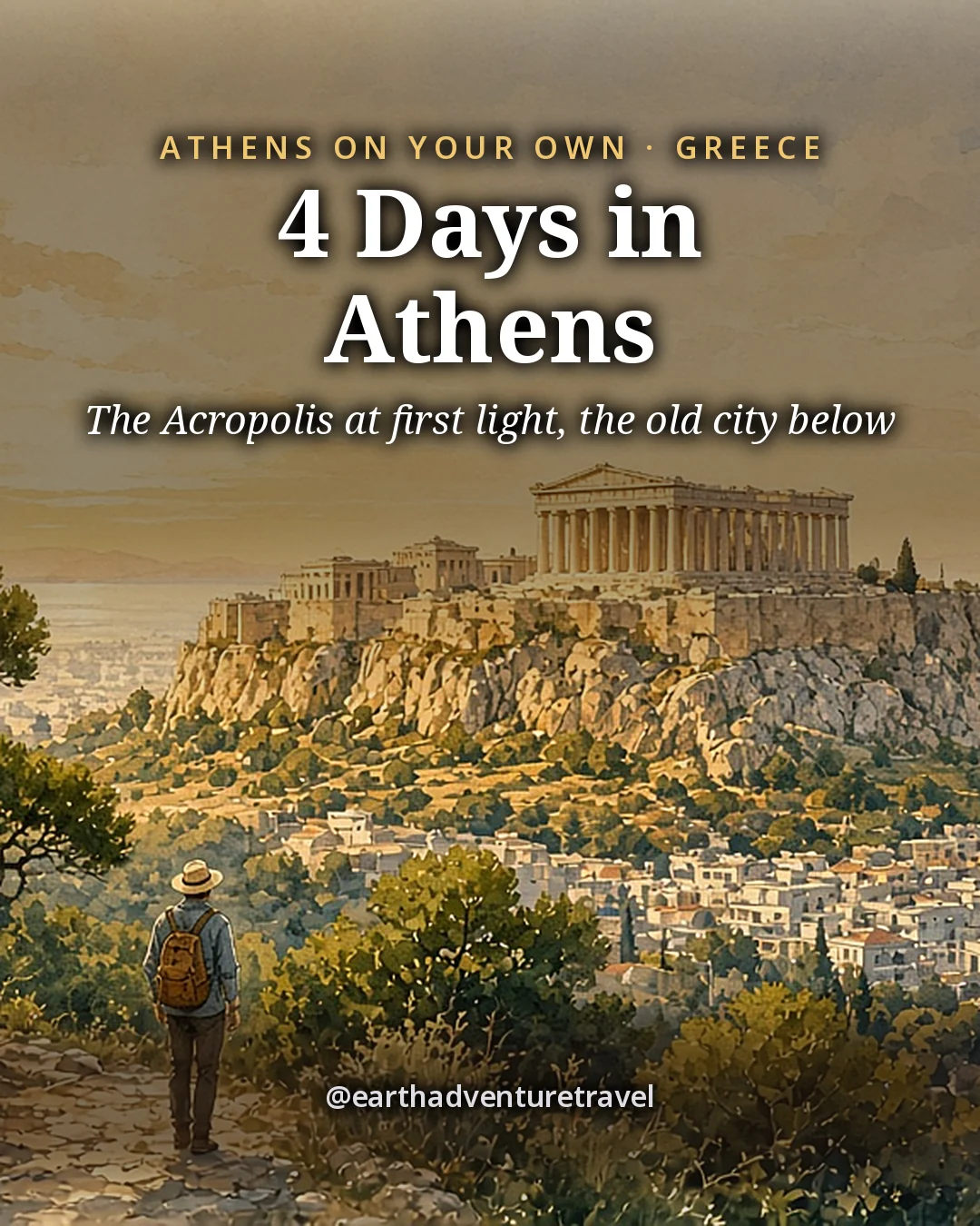 Illustration: the cover for 4 Days in Athens, the Acropolis above the rooftops of Athens at first light
