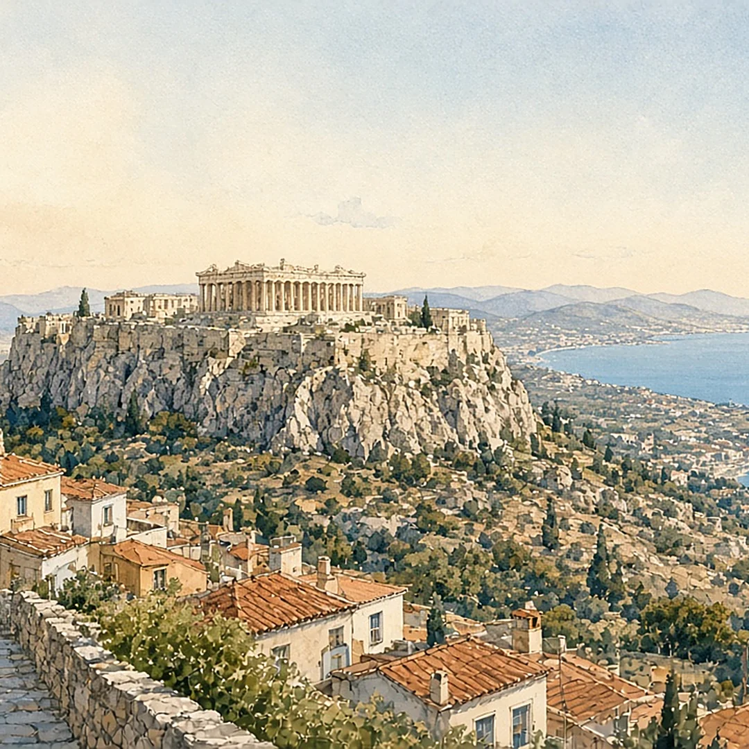 Illustration: the four-day Athens plan card, the Acropolis, the Agora, Sounion and Lycabettus as one illustrated scene