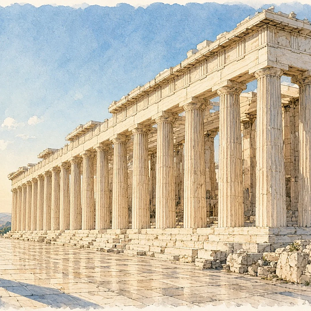 Illustration: the Parthenon in early light above the marble path, illustrated day card for Day 1