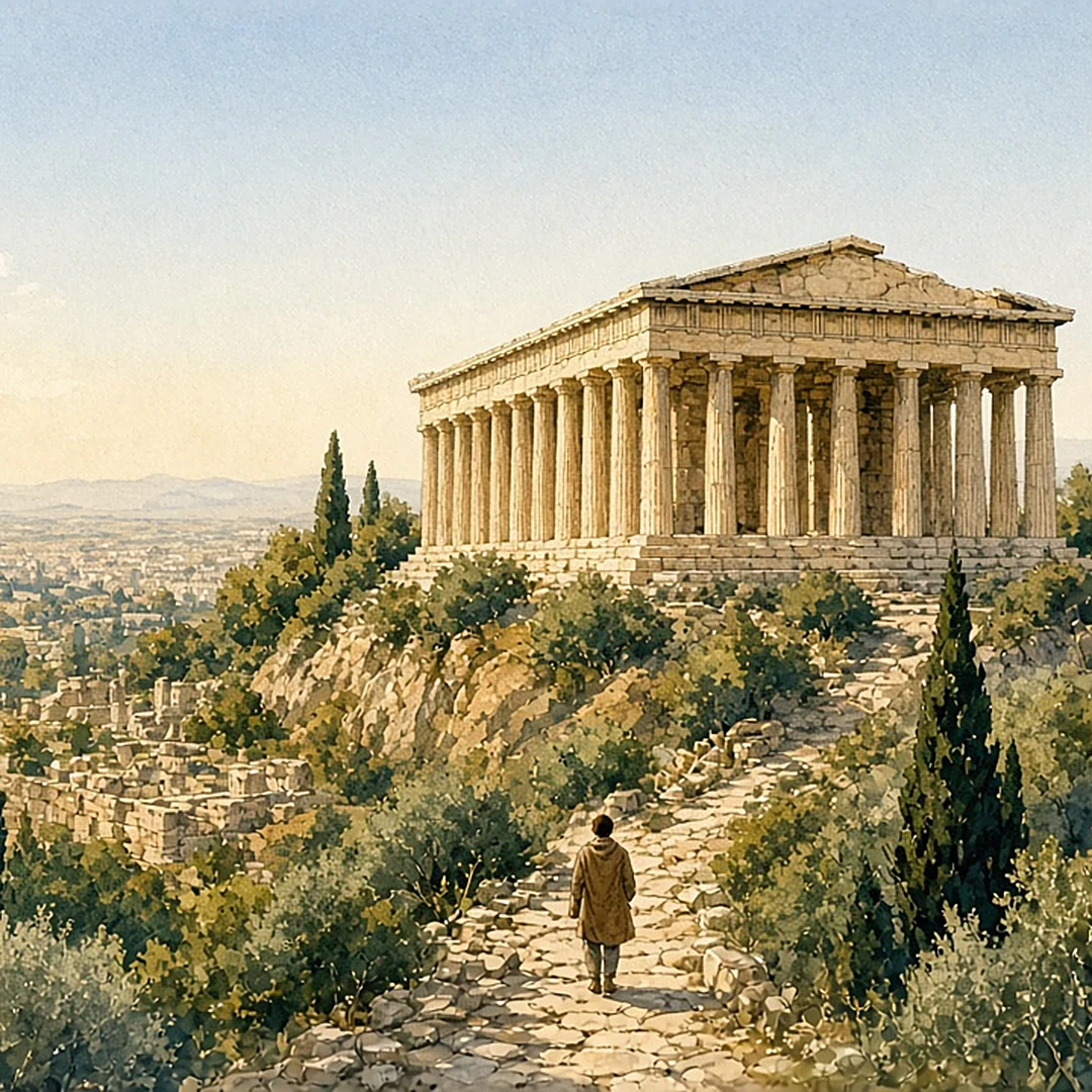 Illustration: the Temple of Hephaestus among olive trees, illustrated day card for Day 2