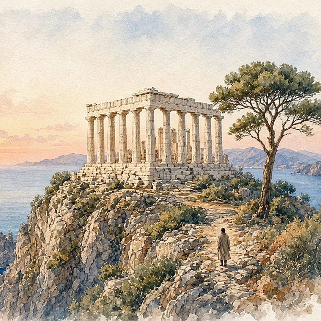 Illustration: the Temple of Poseidon on its cliff above the Aegean at sunset, illustrated day card for Day 3