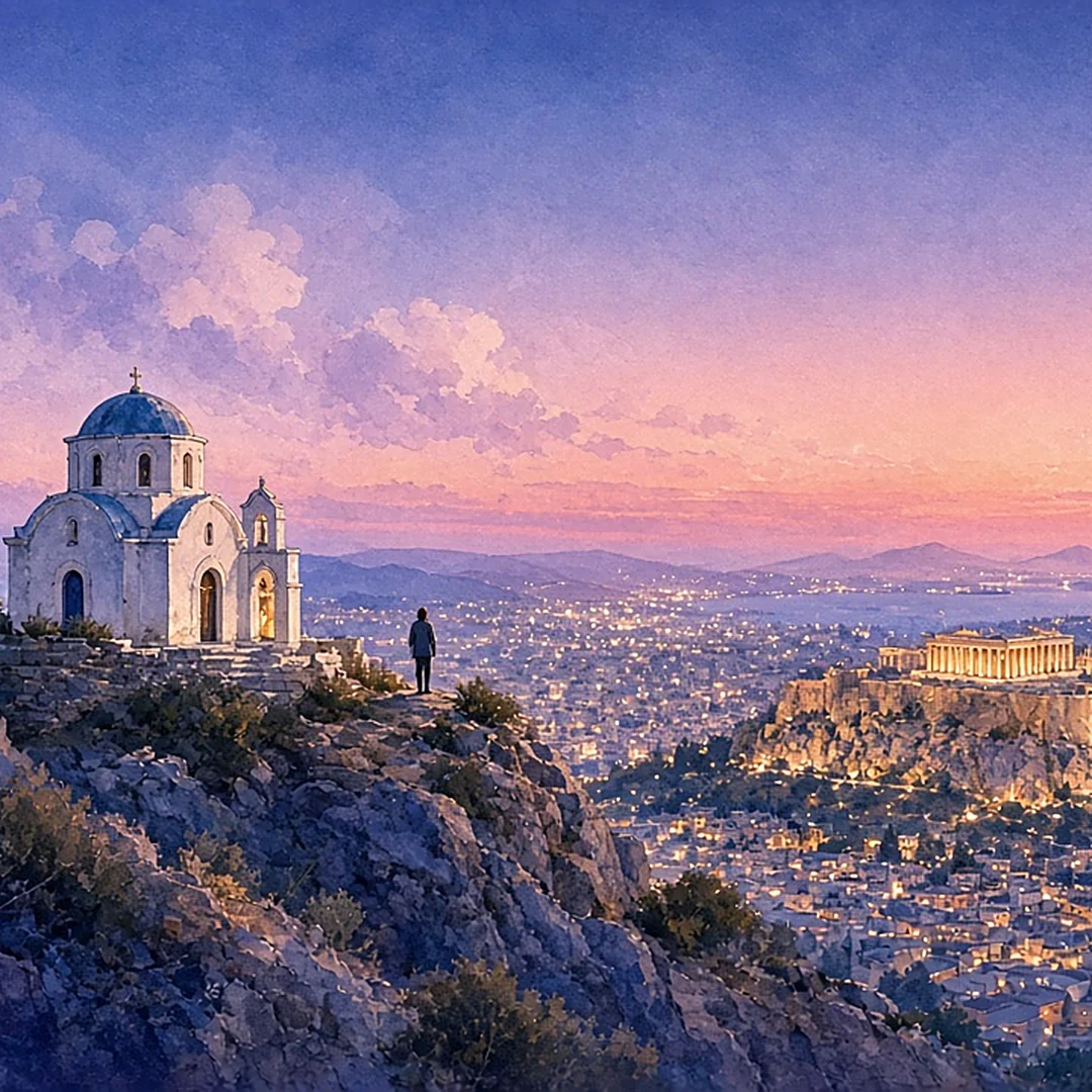 Illustration: the white chapel on Lycabettus above the lit city at dusk, illustrated day card for Day 4