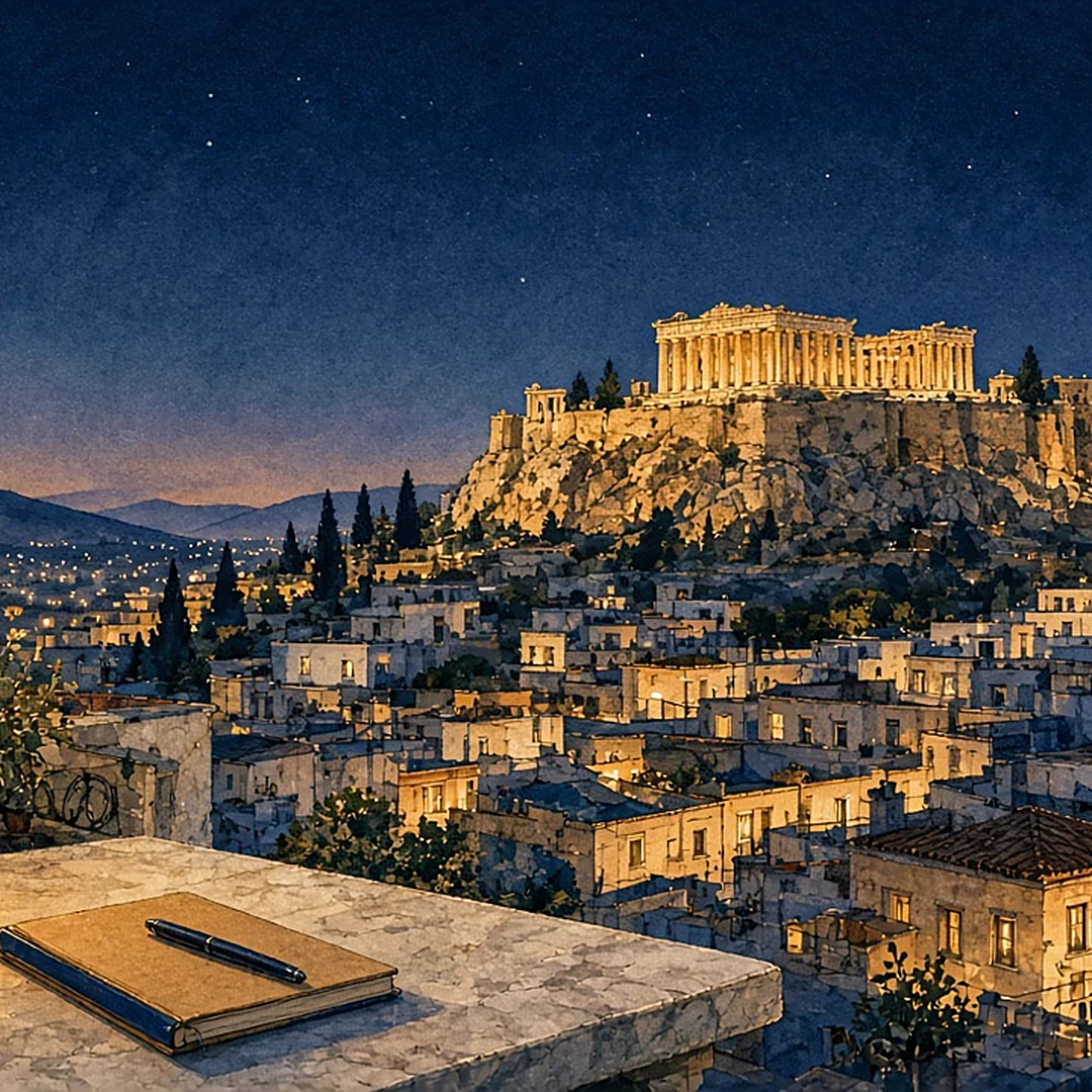 Illustration: recap card of an evening rooftop table in Plaka facing the floodlit Acropolis