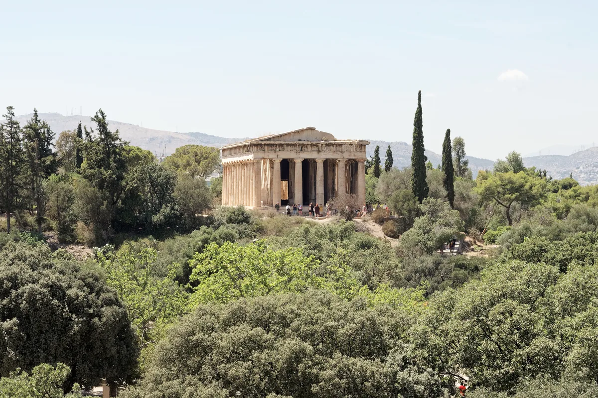 The Temple of Hephaestus on a wooded rise above the Ancient Agora