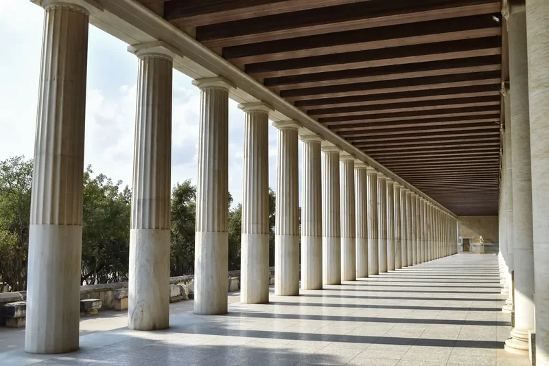 The long shaded colonnade inside the rebuilt Stoa of Attalos