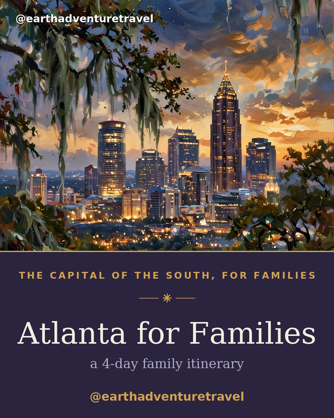 Illustrated Atlanta family guide cover: the downtown skyline at dusk with rising bubbles