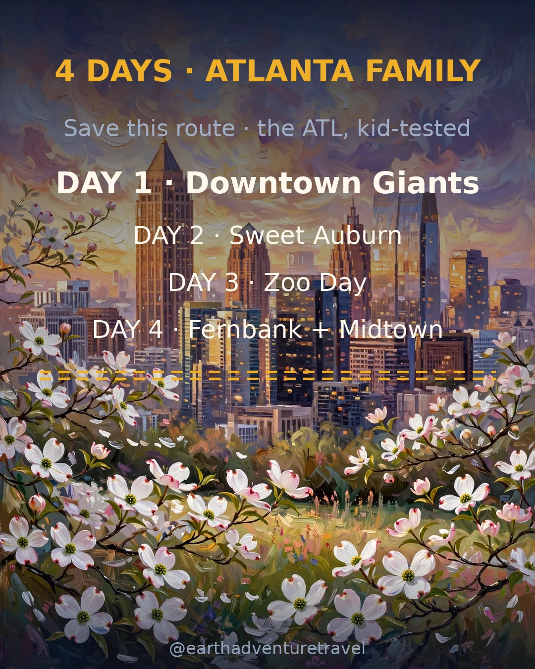 Saveable recap graphic for the four-day Atlanta family route