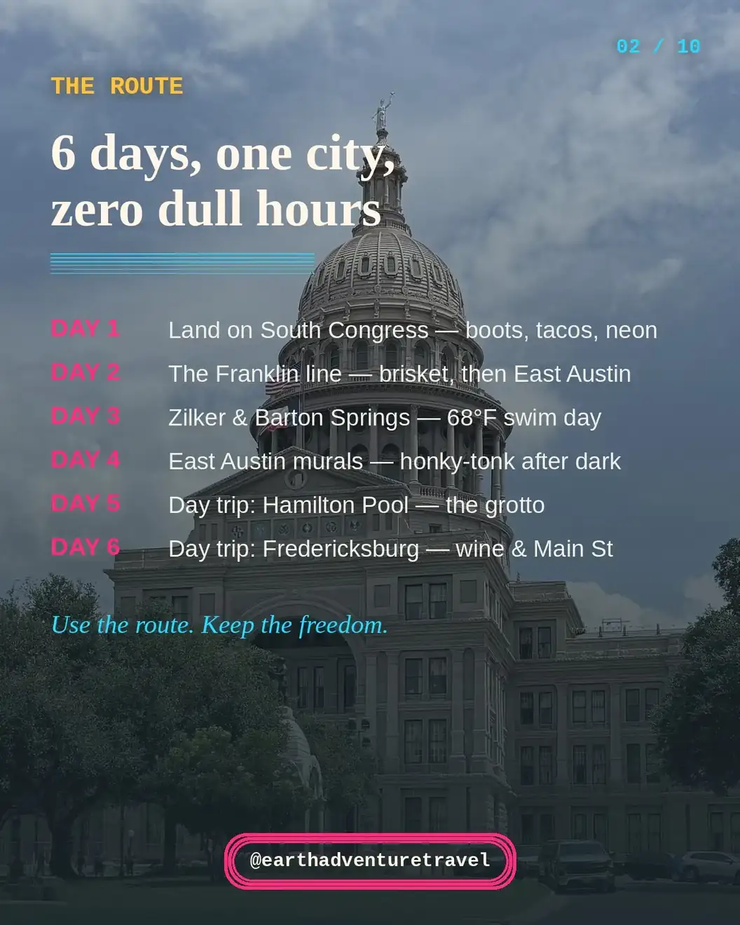 Austin 6-day plan graphic: what's included — 4 days Austin plus 2 day trips, music every night, budget $1,400–$2,100 per person