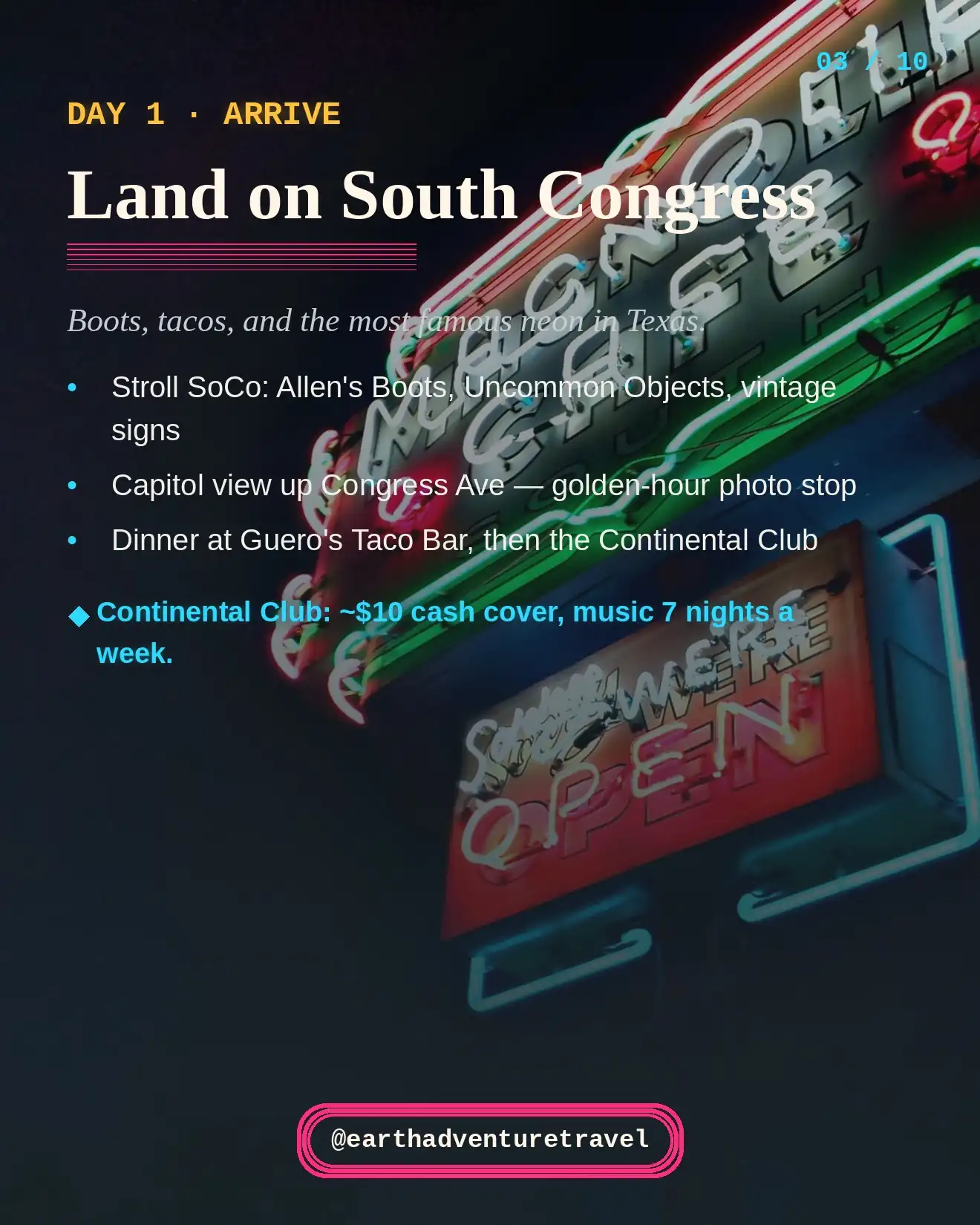 Day 1 plan graphic: South Congress — Allen's Boots, Uncommon Objects, Capitol view, Guero's Taco Bar, Continental Club
