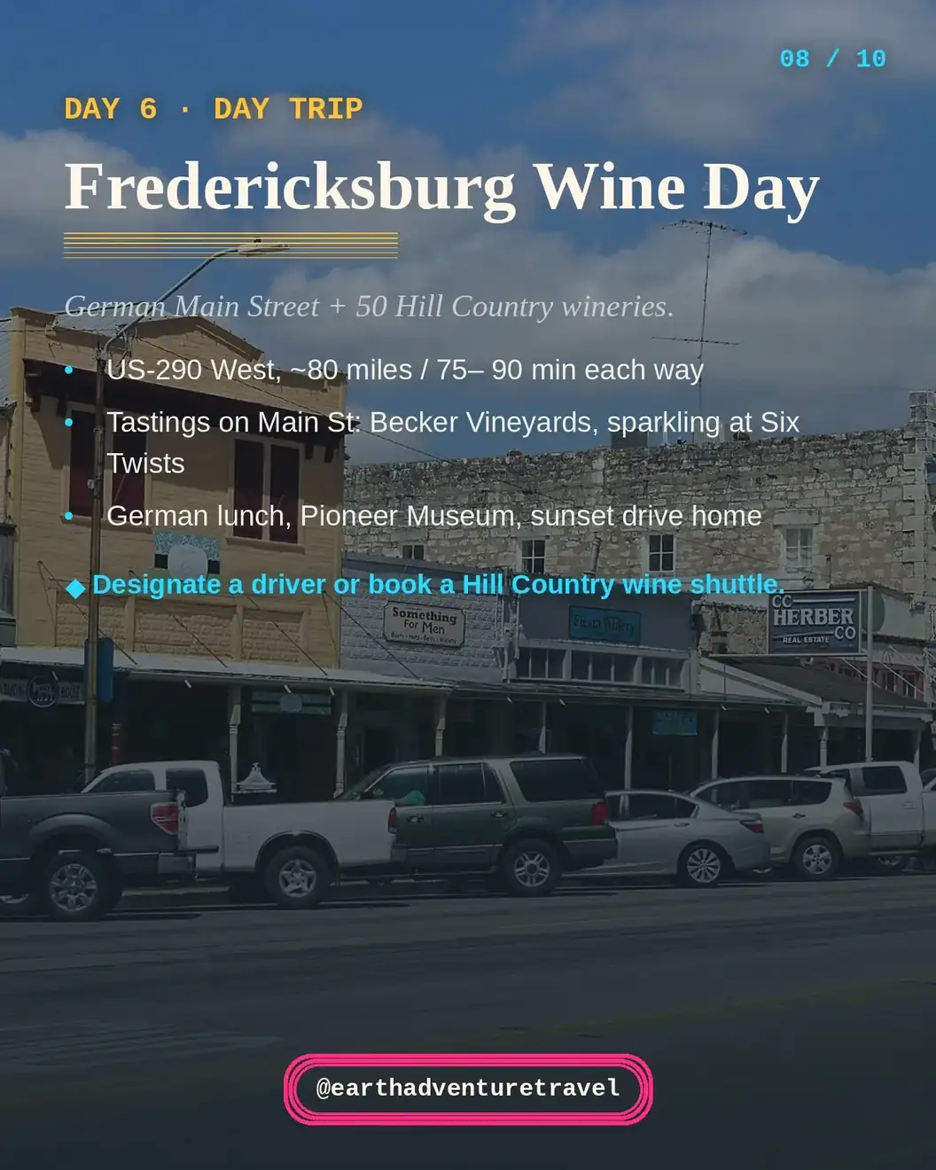 Day 6 plan graphic: Fredericksburg wine day — US-290 West, about 80 miles and 75 to 90 minutes each way, Main Street tastings, German lunch, Pioneer Museum, designate a driver or book a wine shuttle